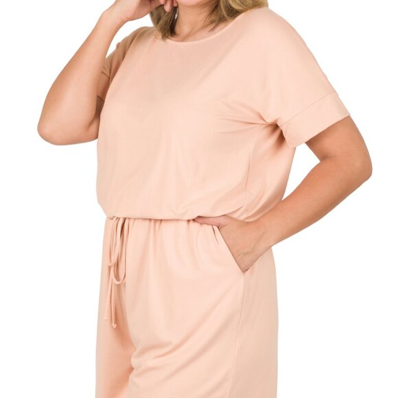 ZENANA PLUS BRUSHED DTY ROMPER WITH POCKETS-LT ROSE NWOT - Picture 3 of 3